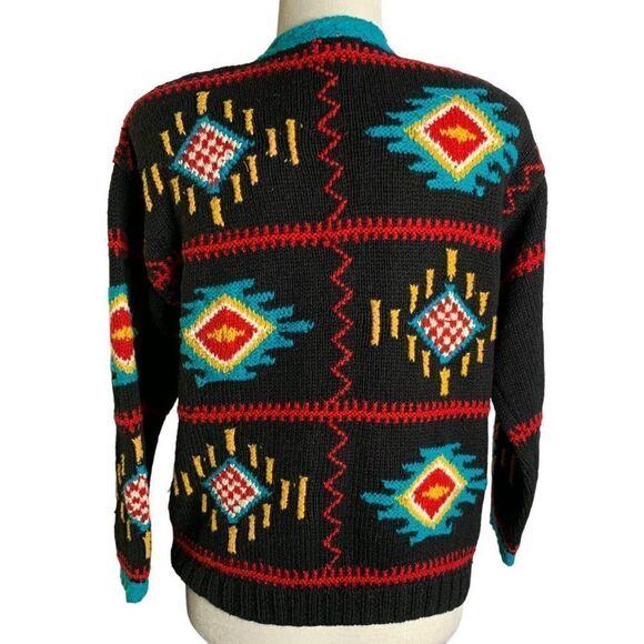 Vintage 80s Heavy Knit Cardigan Sweater S Black Southwestern Aztec Bold Color - Picture 4 of 6